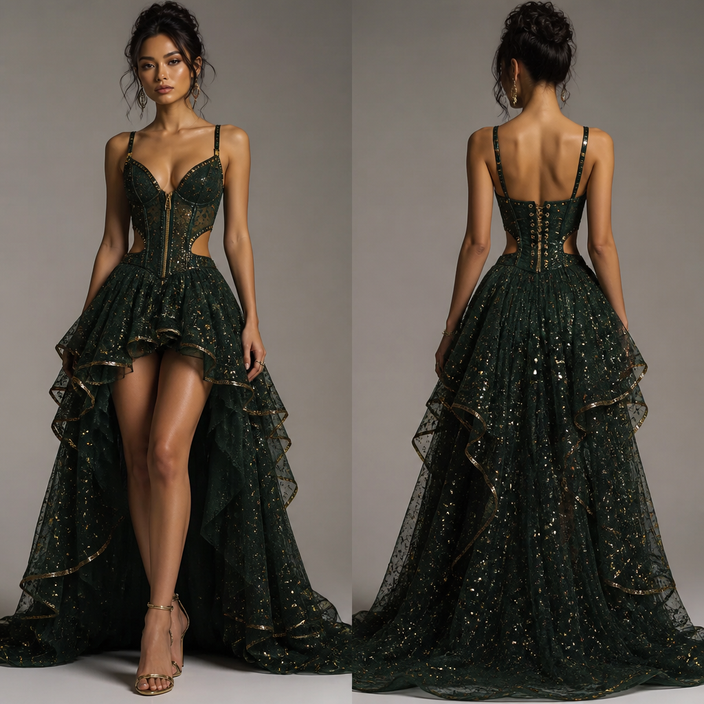 A Dress design, in Glamorous + Y2K style. a dark evergreen ball gown dress. short at the front longer at the back. the shirt has a gold zipper with lots if details with dark green glitter and some gold specks. same with the skirt but the skirt is short in front and long at the back. make it a little revealing but comfortable.
photorealistic fashion design, A Dress design, in Glamorous + Y2K style. a dark evergreen ball gown dress. short at the front longer at the back. the shirt has a gold zipper with lots if details with dark green glitter and some gold specks. same with the skirt but the skirt is short in front and long at the back. make it a little revealing but comfortable., glamorous style, just the design no text, show front and back