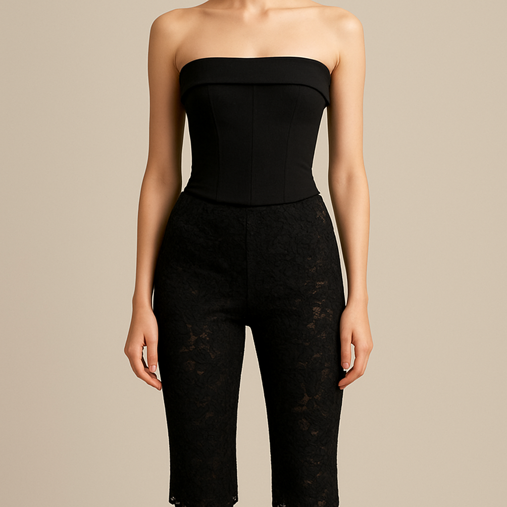 Black lace tight capri pants
Coming to calf length
Paired with black crepe material corset top with fold over band on top
Give the pants a black underlayer
Bring the pants to knee length and have the black underlayer the whole way down the pants
Black lace tight capri pants
Coming to calf length
Paired with black crepe material corset top with fold over band on top
Give the pants a black underlayer
Bring the pants to knee length and have the black underlayer the whole way down the pants
