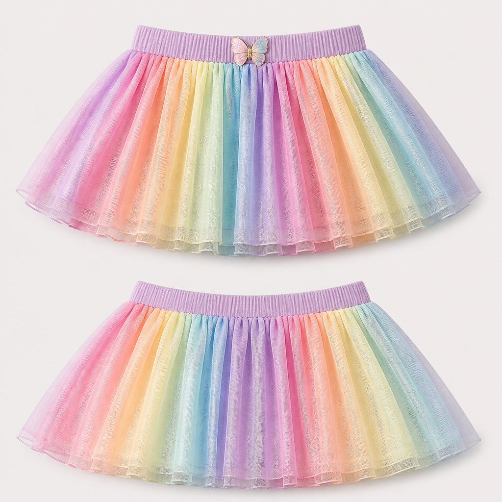 photorealistic fashion design, A Female Dress design, suitable for Summer. make a kid skirt similar to the referenced photo with rainbow colors patterns and a 3D butterfly on the elastic band, just the design no text, show front and back. Refinement: make the butterfly smaller
photorealistic fashion design, photorealistic fashion design, A Female Dress design, suitable for Summer. make a kid skirt similar to the referenced photo with rainbow colors patterns and a 3D butterfly on the elastic band, just the design no text, show front and back. Refinement: make the butterfly smaller , just the design no text
