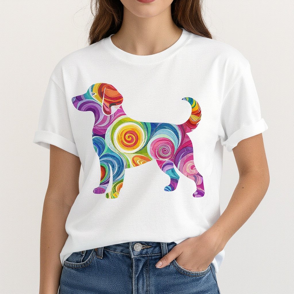 Create a boho design which can be printed in a t shirt? The design should be a design of a dod with colored swirls inside the dog shape boundaries
A whimsical, boho-chic t-shirt design featuring a dog outline. Inside the dog shape, an array of vibrant, swirling patterns in a watercolor style for a dreamy effect. The dog's silhouette remains clean, while the interior bursts with organic, flowing lines for a playful, artistic expression. T-shirt in soft cotton jersey.