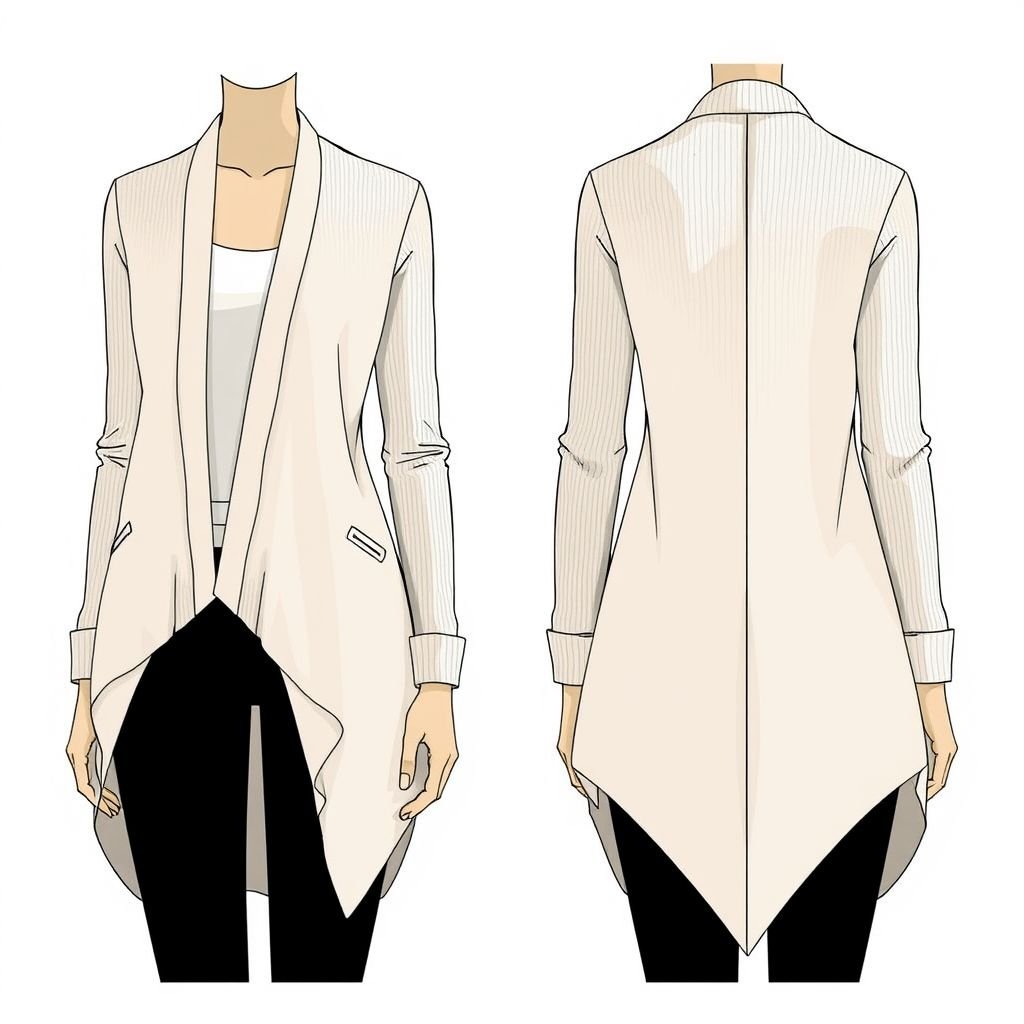 MIDI length cardigan with multiple colours
Design a MIDI-length cardigan featuring a sleek, minimalist silhouette. Use a harmonious palette of soft pastels or muted earth tones, emphasizing clean lines and subtle texture. Incorporate a unique, asymmetrical hem and delicate, functional details like hidden pockets, allowing for an effortless, sophisticated look that embodies simplicity and elegance.
