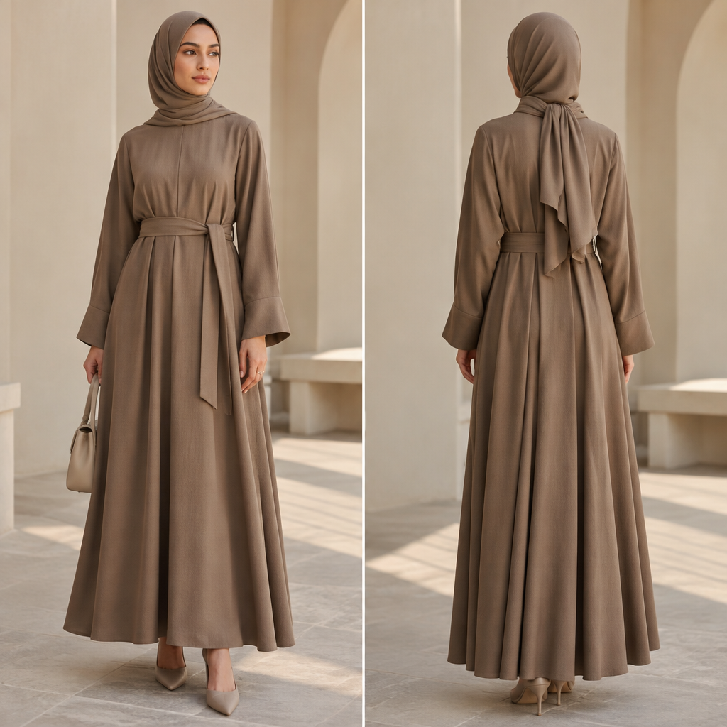 A Female Dress design, with a soft, cosy hand, with a Relaxed silhouette, with modest, full coverage: longer hemlines, higher necklines and covered shoulders, in an Earth Tones color palette, for Formal, suitable for Summer, suited to a Temperate climate, in Minimalist + Formal style, shown on a model with olive skin and a slim figure. مع حجاب. Egypt fashion aesthetics. Present it as professional fashion catalogue photography: the garment is the subject, shown full-length with editorial styling, neutral posing and tasteful, non-suggestive framing.
photorealistic fashion design, A Female Dress design, with a soft, cosy hand, with a Relaxed silhouette, with modest, full coverage: longer hemlines, higher necklines and covered shoulders, in an Earth Tones color palette, for Formal, suitable for Summer, suited to a Temperate climate, in Minimalist + Formal style, shown on a model with olive skin and a slim figure. مع حجاب. Egypt fashion aesthetics. Present it as professional fashion catalogue photography: the garment is the subject, shown full-length with editorial styling, neutral posing and tasteful, non-suggestive framing., minimalist style, just the design no text, show front and back