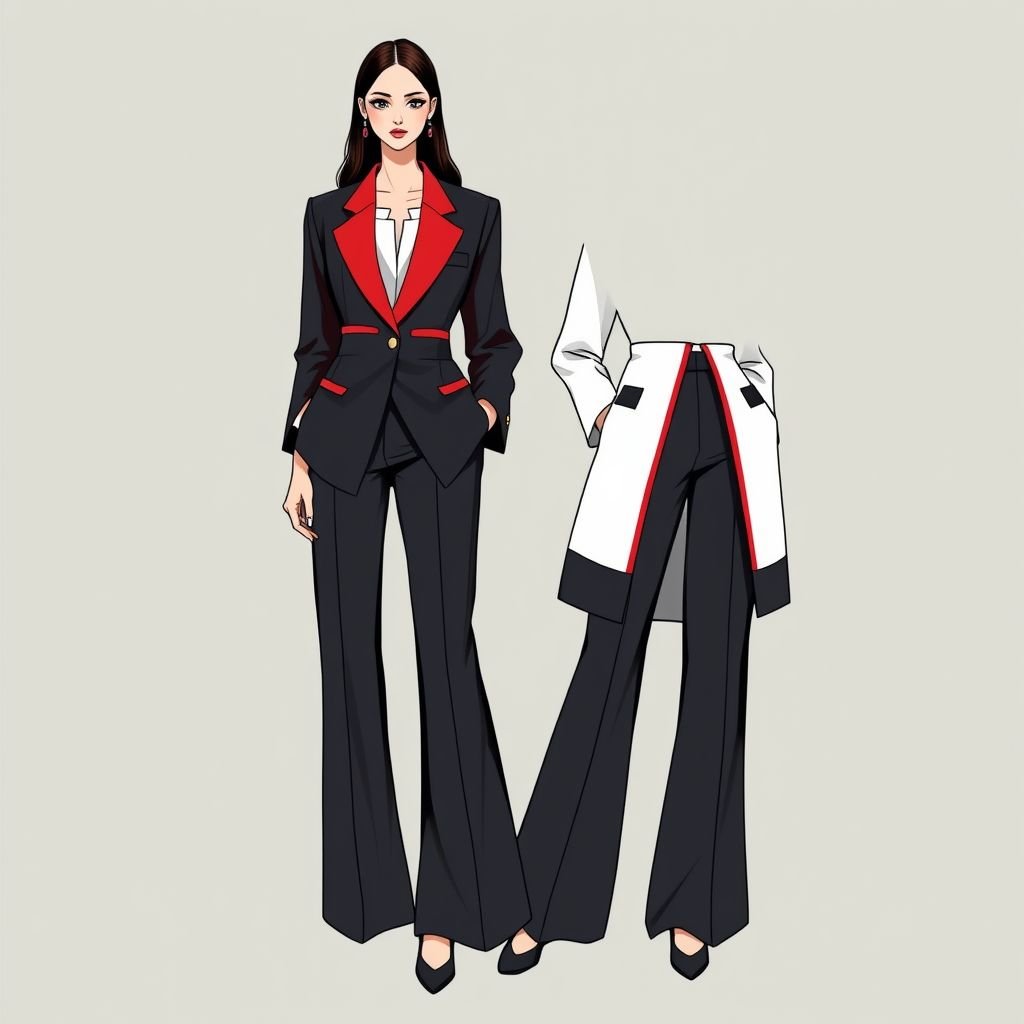 Kimono style elegant classy professional two piece design, make it less Asian and more modern with color blocking and a more structural fabric
Design a two-piece business ensemble featuring a modernized kimono silhouette, combining elegant color blocking to emphasize sophistication. Utilize structural fabrics for a sleek appearance, incorporating tailored elements like a fitted blazer and flowing, wide-leg trousers. This contemporary take merges functionality with style, perfect for the modern professional woman in the workplace.