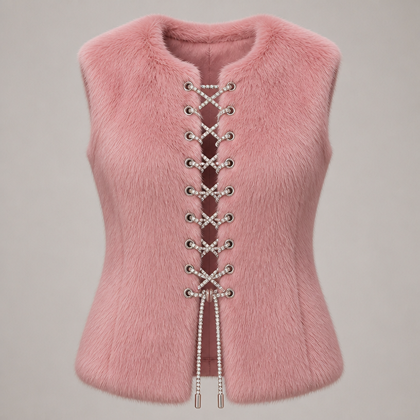 Make this in pink mink with a vest that laces up the front with rhinestones laces
edit the attached fashion design with these instructions: Make this in pink mink with a vest that laces up the front with rhinestones laces. keep it photorealistic, just the design no text