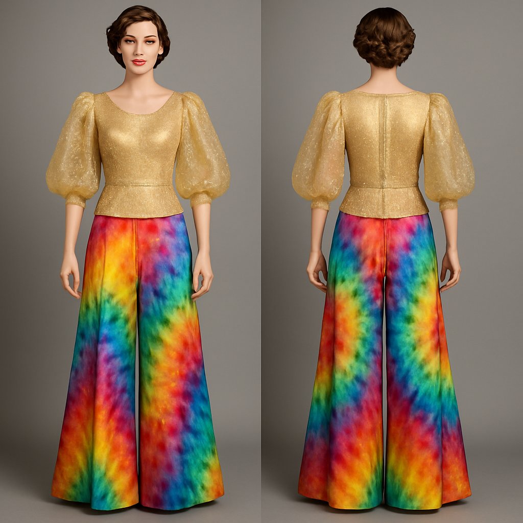 Create one of a kind colorful palazzo pant made from beautiful tie&dye fabric with a beautiful glittering organza top designed for high end fashionista that will make it look gorgeous on a mannequin with a face

Create one of a kind colorful palazzo pant made from beautiful tie&dye fabric with a beautiful glittering organza top designed for high end fashionista that will make it look gorgeous on a mannequin with a face, classic style, show front and back