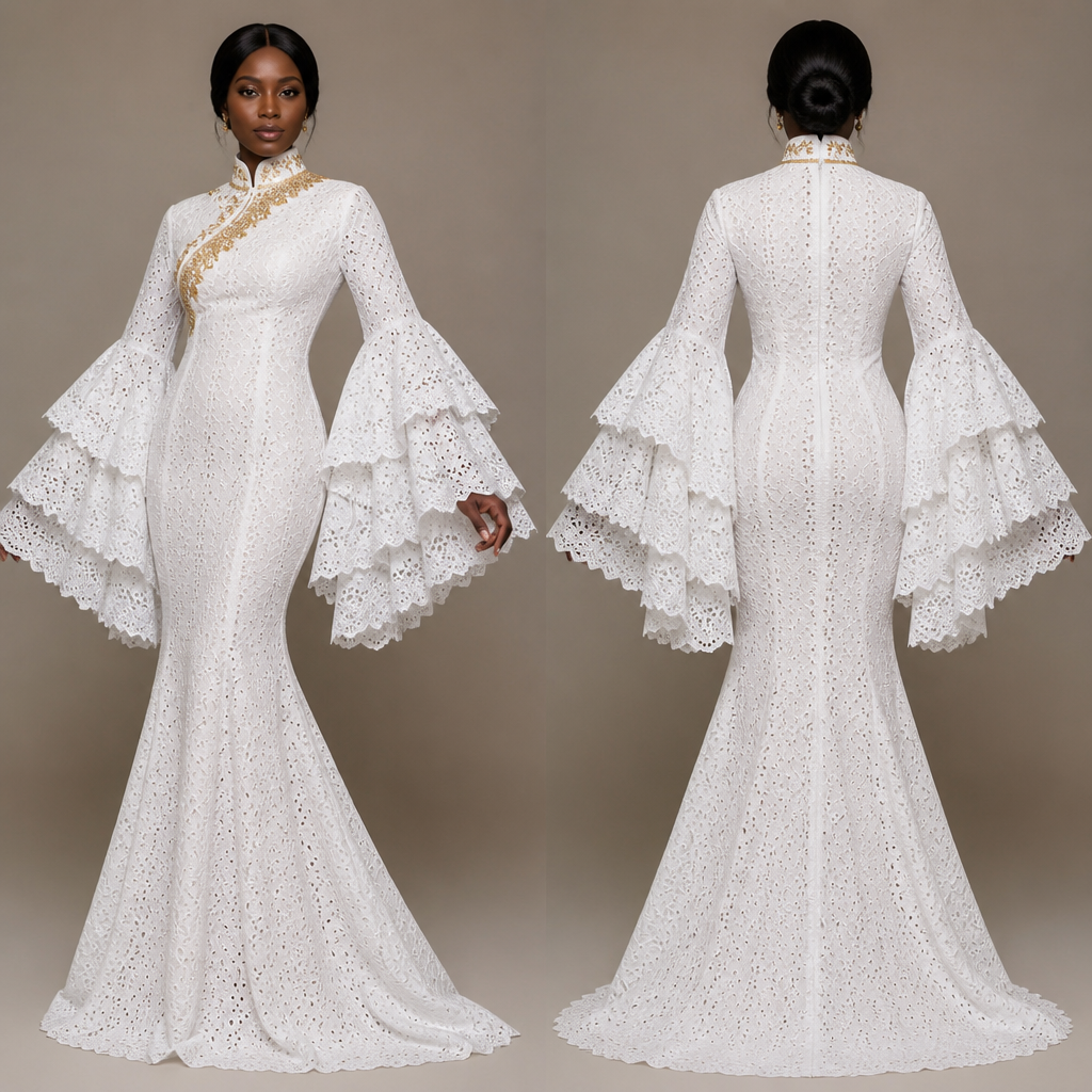 robe longue blanche en voile suisse, coupe sirène très ajustée à la taille, garniture dorée oblique partant du cou jusqu’à la poitrine, manches très amples à double ou triple volant en dentelle blanche…
photorealistic fashion design, robe longue blanche en voile suisse, coupe sirène très ajustée à la taille, garniture dorée oblique partant du cou jusqu’à la poitrine, manches très amples à double ou triple volant en dentelle blanche… , just the design no text, show front and back