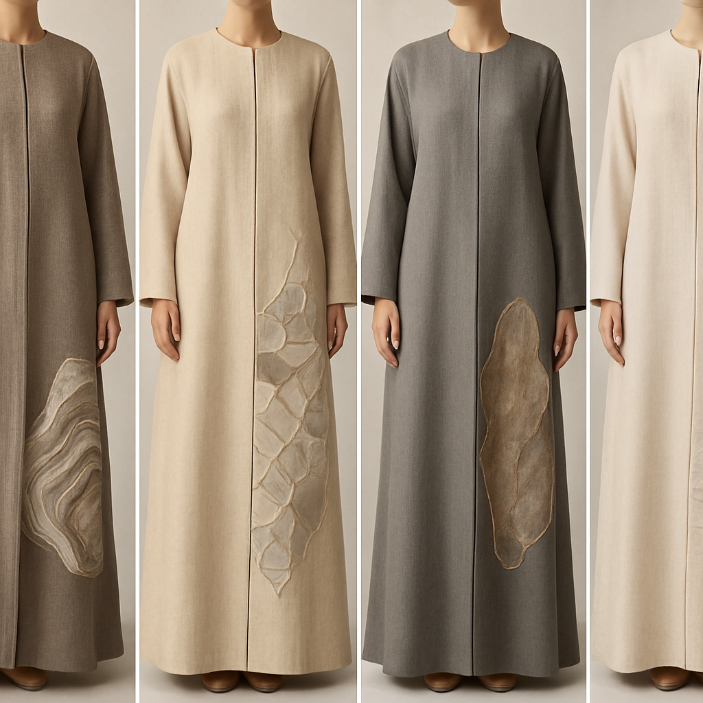 Create a modest two-piece linen abaya, the first of its kind, featuring a unique stone design that exudes a classy and sophisticated vibe. I’d like four designs, each showcasing different styles and fabrics. Incorporate high-end, unique chic stone designs to make them truly special. Add little sophisticated stone designs.

Create a modest two-piece linen abaya, the first of its kind, featuring a unique stone design that exudes a classy and sophisticated vibe. I’d like four designs, each showcasing different styles and fabrics. Incorporate high-end, unique chic stone designs to make them truly special. Add little sophisticated stone designs.