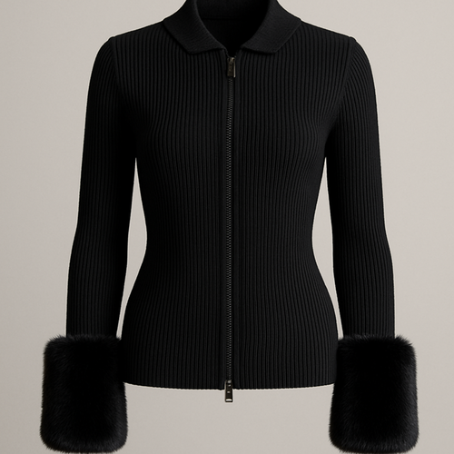 Black zip up ribbed cardigan with black faux fur cuff on sleeves