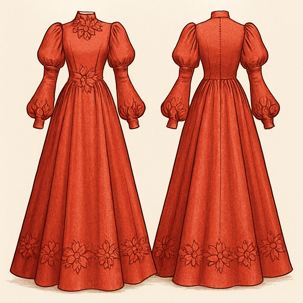 Create a detailed illustration of this flare gown , at the waist and neck I want floral shaped patterns and the sleeves should be puffy at the top and flare at the down with floral patterns at the flare of the hard
Create a detailed illustration of this flare gown , at the waist and neck I want floral shaped patterns and the sleeves should be puffy at the top and flare at the down with floral patterns at the flare of the hard , nineties style, show front and back