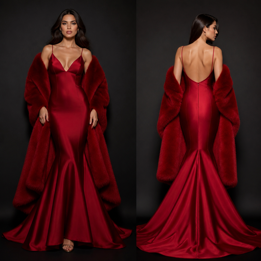 Mermaid evening dress , flowing full, spaghetti straps , sexy slide in heels for n red red mink cape
photorealistic fashion design, Mermaid evening dress , flowing full, spaghetti straps , sexy slide in heels for n red red mink cape , haute_couture style, just the design no text, show front and back