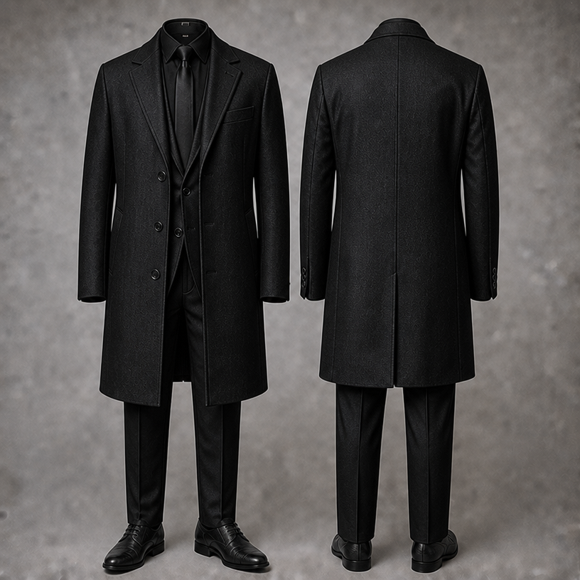 Make this outfit in black raw silk
edit the attached fashion design with these instructions: Make this outfit in black raw silk. keep it photorealistic, just the design no text