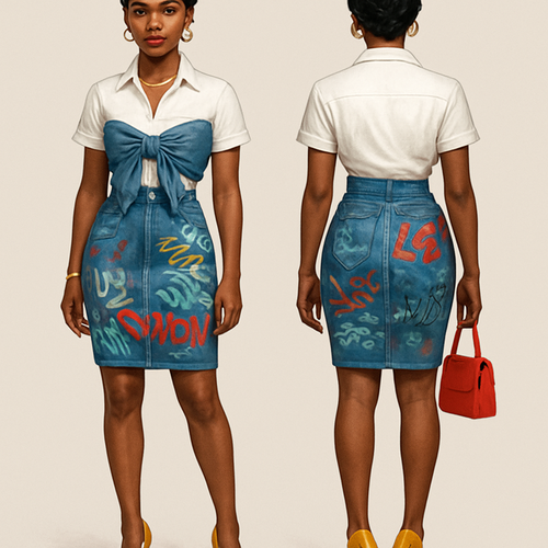Black woman 
Finger waves 
White collared shirt short sleeves 
Blue Jean Jacket tied around with shirt at the chest into a bow 
Tight Jean skirt with graffiti 
Yellow heels 
Red purse 
Gold jewelry 
