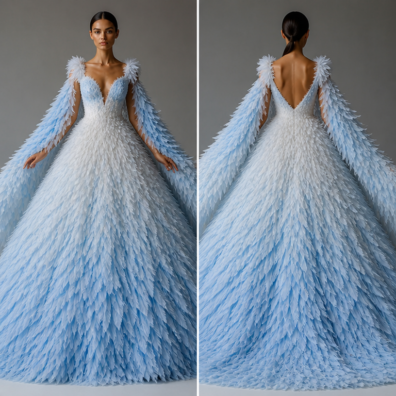 Make it have ruffle straps but with feathers and revive the cape and make the gown way bigger and poofy
edit the attached fashion design with these instructions: Make it have ruffle straps but with feathers and revive the cape and make the gown way bigger and poofy. keep it photorealistic, just the design no text