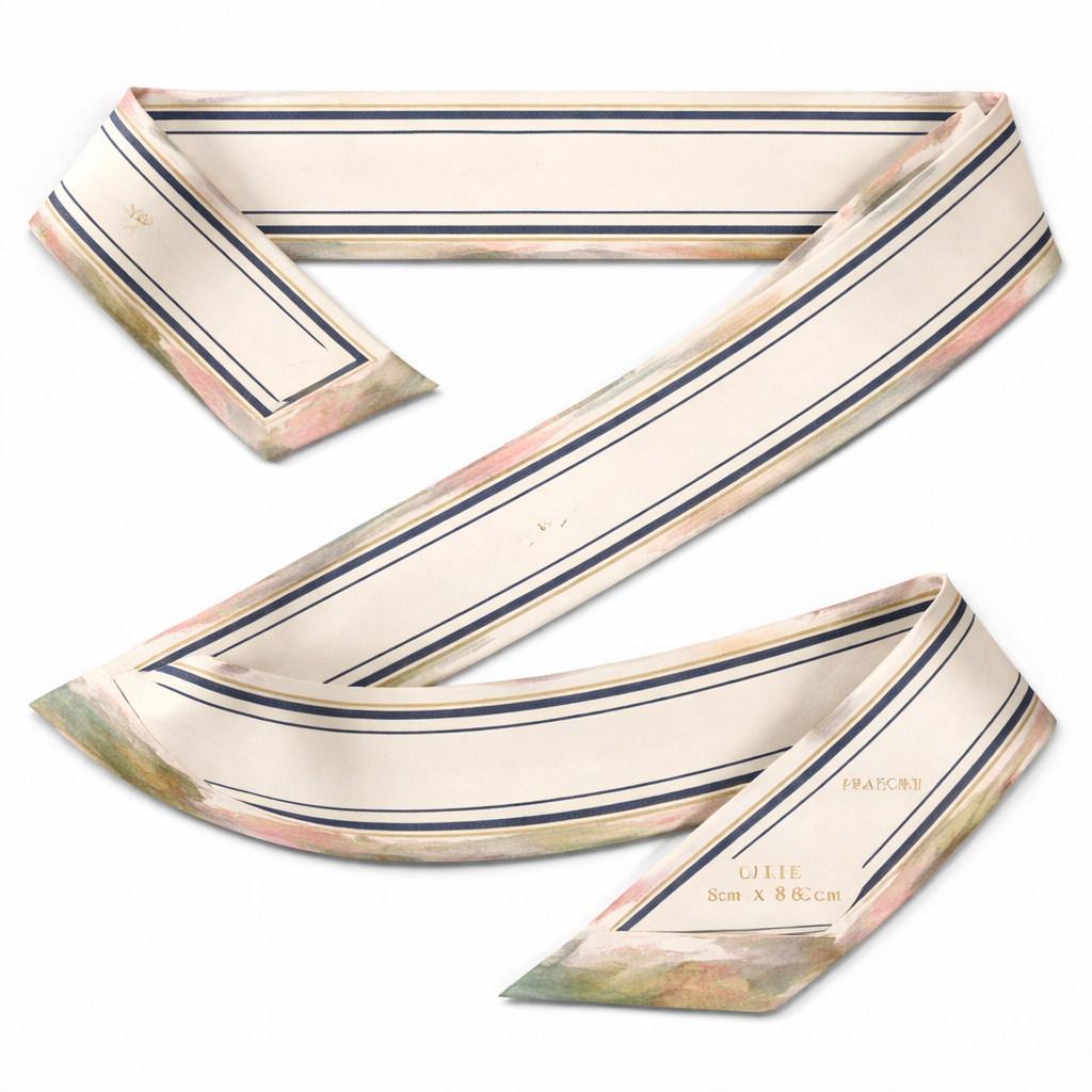 Design a 5cm x 86cm silk twill scarf for a luxury brand called Jolie Franc. The style combines classic American preppy, British tailoring, and a slightly feminine refinement. This scarf is designed for evening outings. Feature narrow, refined ribbon stripes in navy and slate blue, softened in scale for a feminine feel. Include a subtle painterly edge inspired by French Impressionism, blending dusty rose, moss green, and antique gold tones along the borders. Base color: warm ivory or soft cream. Include a thin framed border and hand-rolled edges. The design should be polished, sophisticated, subtly reflective under soft light, and instantly recognizable when wrapped around a Kelly-style bag handle or worn for refined evening occasions.
Design a 5cm x 86cm silk twill scarf for a luxury brand called Jolie Franc. The style combines classic American preppy, British tailoring, and a slightly feminine refinement. This scarf is designed for evening outings. Feature narrow, refined ribbon stripes in navy and slate blue, softened in scale for a feminine feel. Include a subtle painterly edge inspired by French Impressionism, blending dusty rose, moss green, and antique gold tones along the borders. Base color: warm ivory or soft cream. Include a thin framed border and hand-rolled edges. The design should be polished, sophisticated, subtly reflective under soft light, and instantly recognizable when wrapped around a Kelly-style bag handle or worn for refined evening occasions., classic style, show front and back