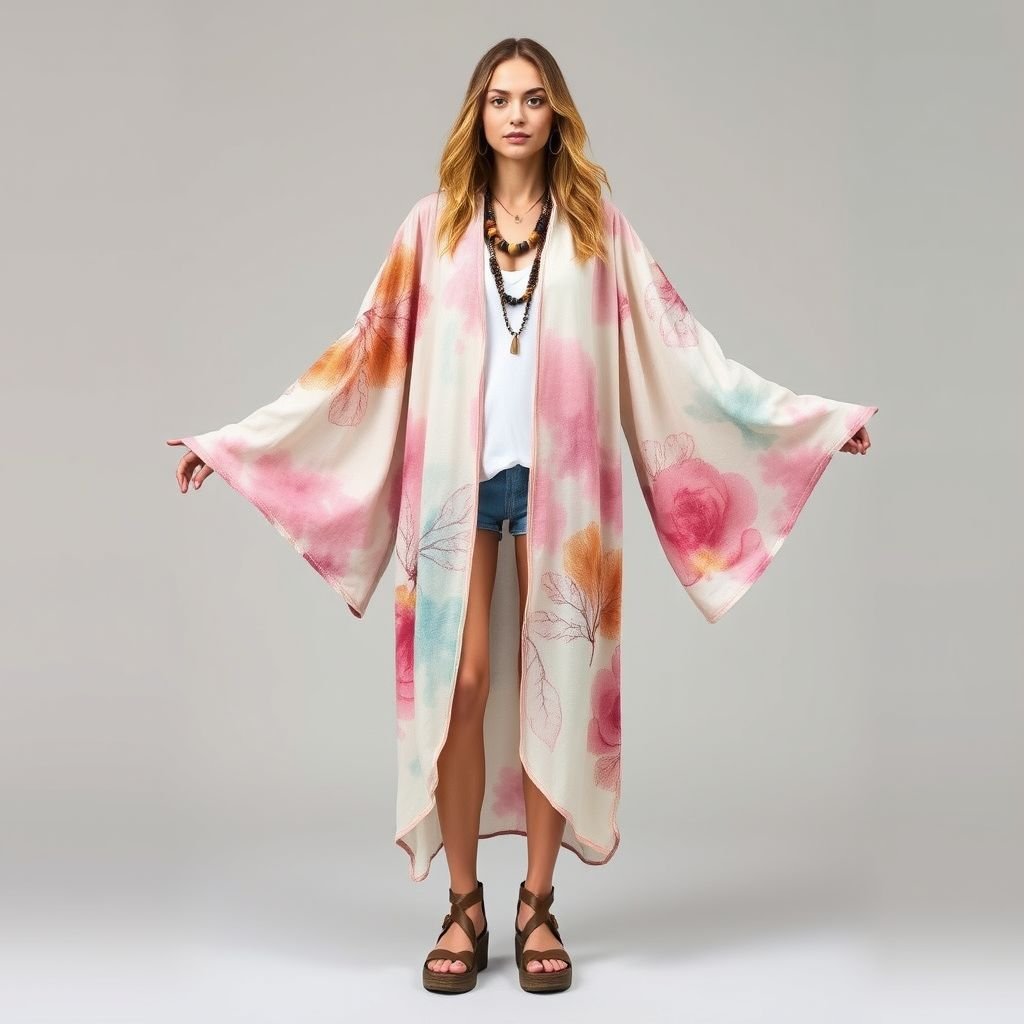 Long kimono with long sleeves but not in style of abaya Design a relaxed, long kimono featuring flowing, oversized sleeves, emphasizing comfort and ease. Crafted frohable fabrics in soft, pastel hues, the piece incorporates playful patterns like subtle tie dye florals or abstract designs. Perfect for a casual day out, it pairs effortlessly with fitted jeans or loose palazzo pants for a laid-back chic vibe.
Envision an avant-garde kimono that drapes softly to the ankles, showcasing fluttering, exaggerated sleeves that sway with movement. Constructed from lightweight, breathable linen, it boasts a watercolor wash in dreamy pastel shades. The fabric is adorned with bold, graphic prints inspired by nature. This statement piece effortlessly elevates basic outfits, offering a blend of comfort and artistic flair, making it ideal for both relaxed gatherings and artistic events. Accessorize with chunky platform sandals and layered necklaces for a bohemian touch.