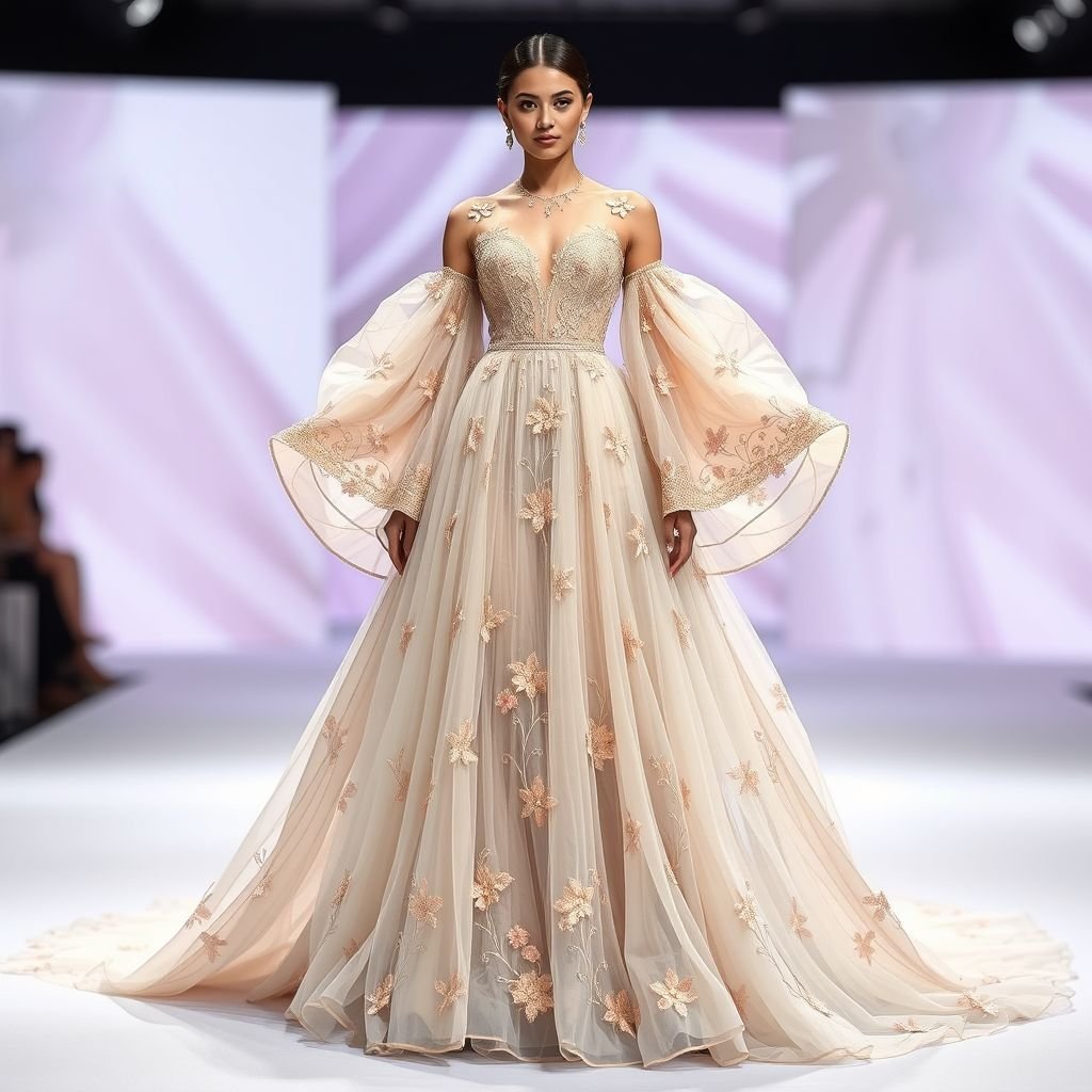 Urvashi
Design an ethereal, flowing gown inspired by Urvashi's signature style, blending intricate Indian embroidery with modern silhouettes. Incorporate sheer layers cascading from a structured bodice, adorned with delicate floral motifs in pastel hues. Elevate the piece with statement, oversized sleeves and a dramatic train, capturing the essence of elegance and contemporary glam.