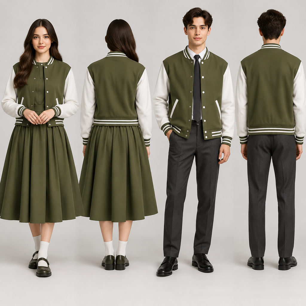 Design a baseball jacket,for a male and female.Olive green with white accents. A green pouf dress for the female and a nice school shoe.A trouser for the male ,dark Grey and a nice school shoe.. Design with modest coverage. Present it as professional fashion catalogue photography: the garment is the subject, shown full-length with editorial styling, neutral posing and tasteful, non-suggestive framing.
photorealistic fashion design, Design a baseball jacket,for a male and female.Olive green with white accents. A green pouf dress for the female and a nice school shoe.A trouser for the male ,dark Grey and a nice school shoe.. Design with modest coverage. Present it as professional fashion catalogue photography: the garment is the subject, shown full-length with editorial styling, neutral posing and tasteful, non-suggestive framing., just the design no text, show front and back