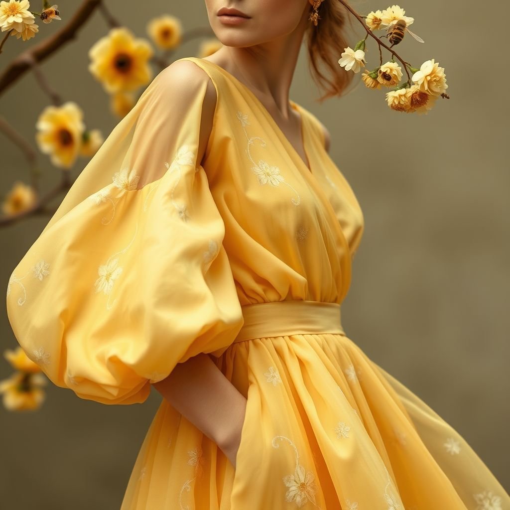 A honey bee & honey comb themed spring day dress.
Design a tranquil spring day dress inspired by honey bees and honeycomb, embodying the essence of quiet luxury. Utilize supple, organic fabrics in soft amber and muted cream shades. Incorporate delicate hexagonal textures and subtle floral motifs, with a refined silhouette that whispers elegance while celebrating nature's beauty. Complete with understated gold accents.