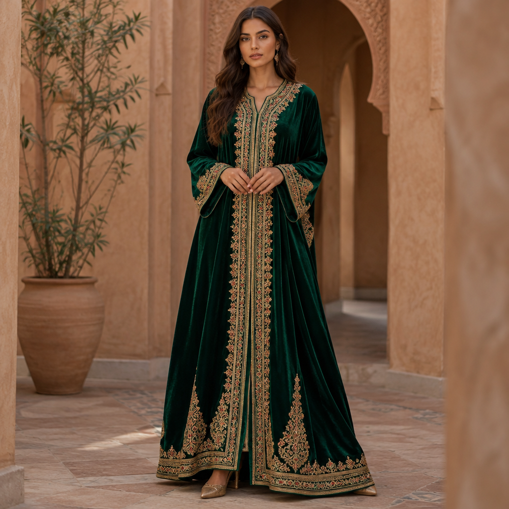 A Female Dress design, suitable for Fall. Consider Moroccan fashion — caftan, djellaba, intricate embroidery, jewel-toned fabrics. Current season is Autumn in Morocco. Present it as professional fashion catalogue photography: the garment is the subject, shown full-length with editorial styling, neutral posing and tasteful, non-suggestive framing.
photorealistic fashion design, A Female Dress design, suitable for Fall. Consider Moroccan fashion — caftan, djellaba, intricate embroidery, jewel-toned fabrics. Current season is Autumn in Morocco. Present it as professional fashion catalogue photography: the garment is the subject, shown full-length with editorial styling, neutral posing and tasteful, non-suggestive framing., just the design no text