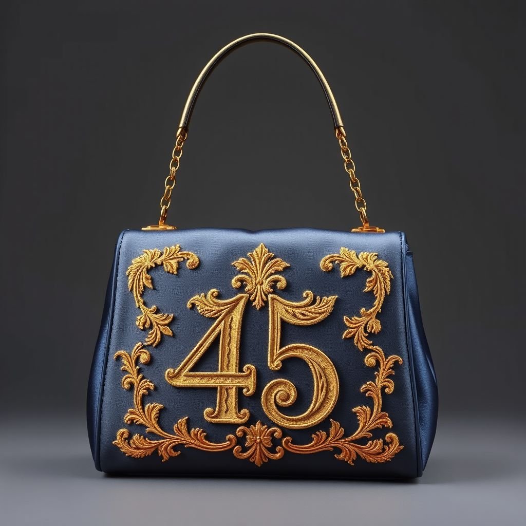 A bag with a pattern with the number 45 in it
Design an elegant handbag crafted from luxurious silk satin, adorned with intricate gold embroidery featuring the number "45" in an ornate, baroque style. The bag should have a structured silhouette with delicate chain accents, rich jewel tones, and a soft leather lining, embodying sophistication and timeless charm for the discerning fashionista.