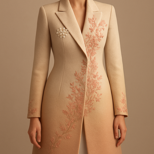 
"Luxurious cashmere abaya tailored like a blazer: notched lapel, slightly structured shoulders, single hidden front button, mid-thigh to knee length, subtle waist tailoring, hidden side pockets, short back vent. Soft sand-to-cream gradient on the back inspired by desert dunes, overlaid with delicate Kashmiri Sozni floral embroidery in coral/salmon tones with fine gold thread accents flowing organically from the shoulders down the center back. Sleeves straight with embroidered cuffs, silk satin lining, organza floral applique on the chest, and discreet button detail in muted gold. Material: matte cashmere exterior with visible soft texture; interior: smooth silk satin. Styling: photorealistic fashion photography, studio softbox lighting, 3/4 full-body view, neutral warm beige background, ultra-detailed fabric texture and close-up of embroidery. Color palette: warm sand (#D9C4A8), ivory cream, coral-salmon (#C86A6A), metallic gold accents. Keywords: ultra-detailed, photorealistic, high-res fabric texture, sharp embroidery closeup, couture tailoring."

Negative prompt:
"blurry, cartoon, low-detail, extra fingers, distorted anatomy, text, busy background, oversaturated colors"

Suggested generator settings:
- Aspect ratio: 2:3 or 9:16 for full-body (use 4:5 for social posts)  
- Resolution: 1024–2048 px for drafts, 2k–4k for final renders  
- Guidance/CFG: 7–12, Steps: 20–50, Sampler: Euler or DPM++ (if available)  
- Extra modifiers to add: "ultra realistic, studio lighting, fabric microtexture, cinematic depth of field"