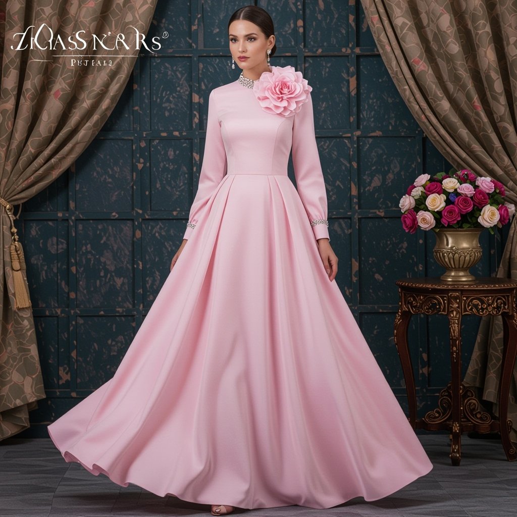 Make a pink maxi dress with princess lines. Add a large fabric flower . Make the flower big and full on top right hand side. Crystals design on the entire high collar and crystals on the arm band by the hand of long sleeves . Dress has high collar
Classic fashion: Pink cotton maxi dress with princess seams, high collar, and long sleeves. A large, full fabric flower in matching pink is placed on the upper right side. Clear crystals embellish the collar and sleeve cuffs.