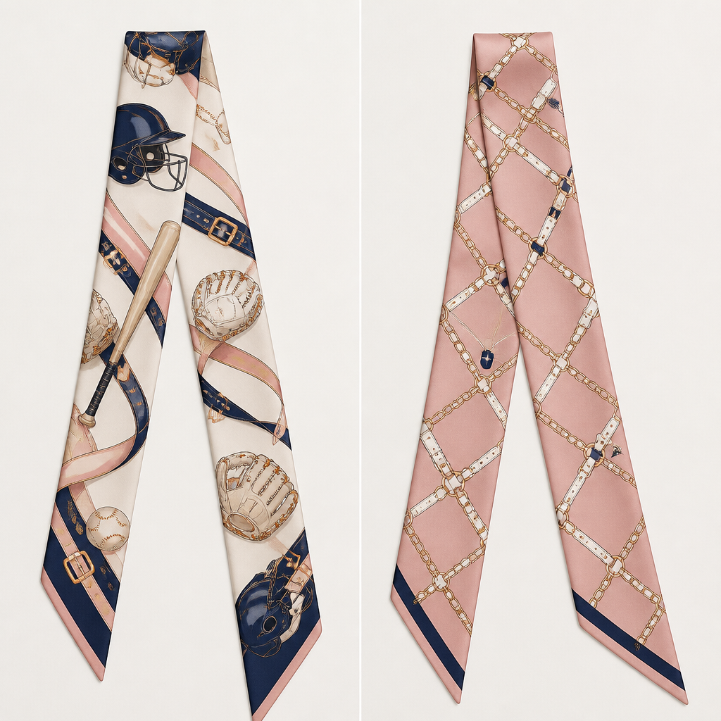 Design a silk twilly that is a classic women’s softball pattern
photorealistic fashion design, Design a silk twilly that is a classic women’s softball pattern, classic style, just the design no text, show front and back