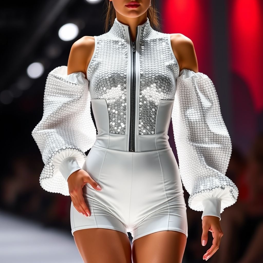 white sequins zipper shorts unitard
Envision a dazzling white sequins zipper unitard featuring mid-thigh shorts. The design exudes futuristic elegance, blending functionality and glam. With a high neckline and fitted silhouette, the unitard showcases dramatic puff sleeves that cinch at the wrists, reflecting light at every angle. Perfect for a vibrant night out or runway show.