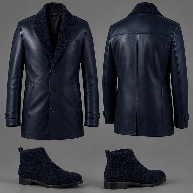 Make this coat in navy
edit the attached fashion design with these instructions: Make this coat in navy. keep it photorealistic, just the design no text
