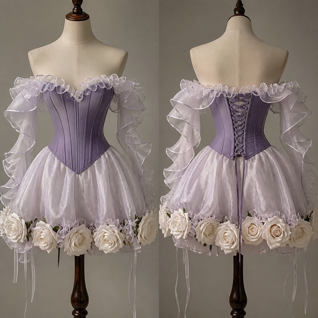 A mini dress with white roses at the end of the dress nd then ruffles for sleeves with an off shoulder and add a purple corset to the dress
photorealistic fashion design, A mini dress with white roses at the end of the dress nd then ruffles for sleeves with an off shoulder and add a purple corset to the dress, just the design no text, show front and back
