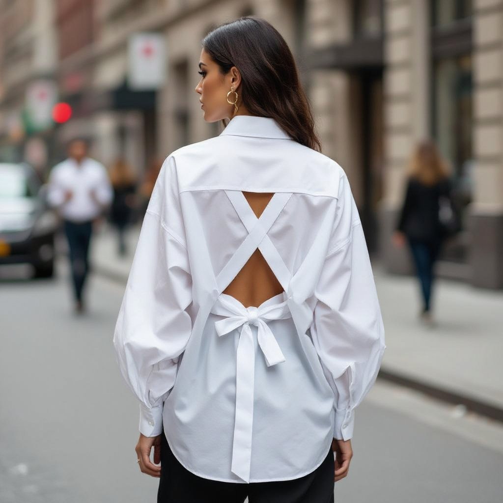 A big shirt, that has an extended shoulder, and has balloon sleeves with a picture of how the back will look with visible crisscross on the side that can be adjusted and also worn as casual and corporate
A long-sleeve, oversized poplin shirt with extended shoulders, balloon sleeves, and a visible crisscross back detail that adjusts, wearable for casual or corporate settings.