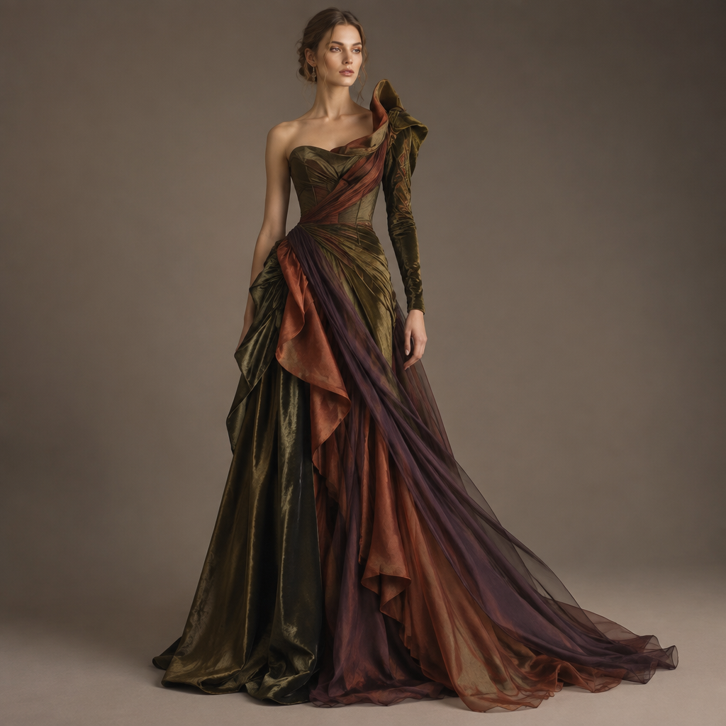 A Female fashion design. Create an avant-garde luxury women's autumn evening gown, floor-length, completely original and unconventional silhouette. Use a rich autumn palette of dark olive green, warm rust, deep plum and subtle bronze. The bodice should be elegantly fitted with an unusual sculptural neckline, one side higher than the other. Create a dramatic asymmetrical waist with layered fabric flowing diagonally from the hip into a long sweeping skirt. Add one elegant sculptural sleeve and leave the other shoulder refined and minimal. Mix luxurious matte velvet with flowing satin and subtle translucent chiffon. Sophisticated, feminine, artistic and wearable, inspired by high-end couture but suitable for a luxury boutique. No sequins, no excessive sparkle, no wedding dress style. Full-body female fashion model, front three-quarter view, realistic premium fabrics, professional fashion editorial, clean studio background.. AZ fashion aesthetics. Present it as professional fashion catalogue photography: the garment is the subject, shown full-length with editorial styling, neutral posing and tasteful, non-suggestive framing.
photorealistic fashion design, A Female fashion design. Create an avant-garde luxury women's autumn evening gown, floor-length, completely original and unconventional silhouette. Use a rich autumn palette of dark olive green, warm rust, deep plum and subtle bronze. The bodice should be elegantly fitted with an unusual sculptural neckline, one side higher than the other. Create a dramatic asymmetrical waist with layered fabric flowing diagonally from the hip into a long sweeping skirt. Add one elegant sculptural sleeve and leave the other shoulder refined and minimal. Mix luxurious matte velvet with flowing satin and subtle translucent chiffon. Sophisticated, feminine, artistic and wearable, inspired by high-end couture but suitable for a luxury boutique. No sequins, no excessive sparkle, no wedding dress style. Full-body female fashion model, front three-quarter view, realistic premium fabrics, professional fashion editorial, clean studio background.. AZ fashion aesthetics. Present it as professional fashion catalogue photography: the garment is the subject, shown full-length with editorial styling, neutral posing and tasteful, non-suggestive framing., just the design no text