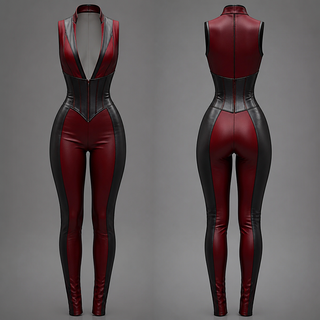 A Female Jumpsuit design. make a dark red body suitthats sleeveless with a deep plunge its two toned with black. and a corset top with a tight fit
photorealistic fashion design, A Female Jumpsuit design. make a dark red body suitthats sleeveless with a deep plunge its two toned with black. and a corset top with a tight fit, just the design no text