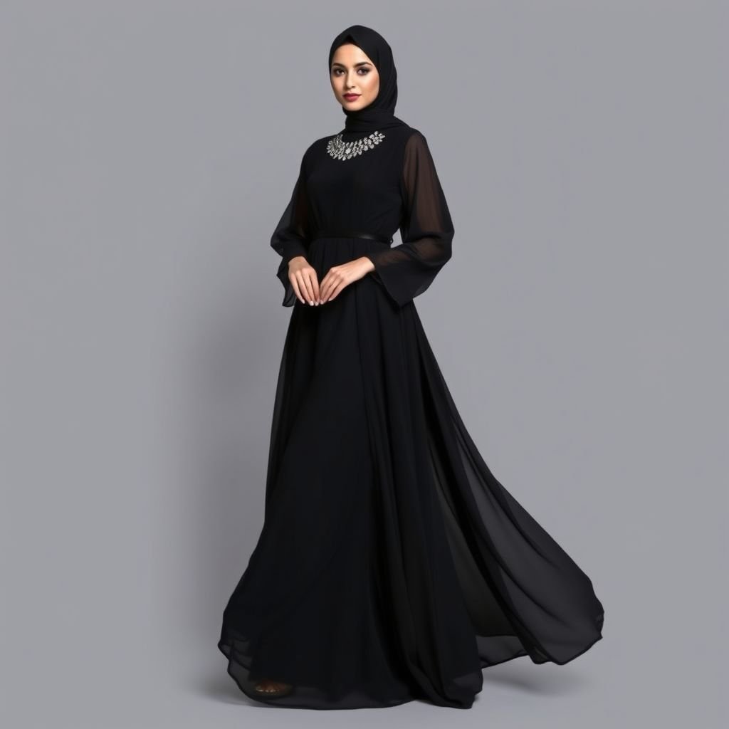 A black chiffon abaya, expertly tailored with an umbrella hem. The lightweight fabric cascades beautifully, creating a fluid silhouette. The design emphasizes a subtle flare, offering a modest yet sophisticated look. The focus is on refined draping and understated elegance.
Imagine a black chiffon abaya, elegantly tailored with an enchanting umbrella hemline, flowing gracefully to the floor. Expert draping enhances the silhouette, while delicate beadwork subtly accents the neckline. The sleeves are gently puffed, adding volume. This formal attire strikes a perfect balance between modesty and sophistication, radiating timeless elegance and refinement.