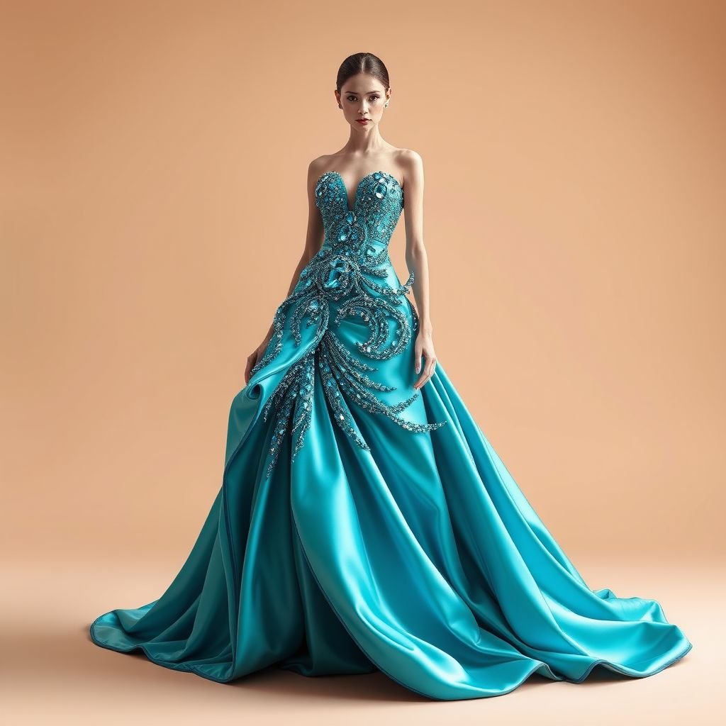A beautiful gown that’s simple, flowing, elegant with a stunning structural art piece resembling a wave running from the shoulder to the bottom of the dress. Teal shiny blue fabric with all colors of blue crystal stones on the structured part. Make it more fitted and structured in the skirt part. Show the full front of the dress with the full details. Make it look unusually stunning. Not like any dress out there
Imagine a breathtaking haute couture gown crafted from luminous teal silk, cascading elegantly to the floor. The design features a mesmerizing wave-like structure, sculpted with intricate blue crystal stones that shimmer brilliantly. The bodice hugs the figure with meticulous tailoring, while the skirt flares dramatically, creating a stunning silhouette. Showcase the gown’s opulent artistry, emphasizing its unique, avant-garde appeal, ensuring it stands out as a true masterpiece in fashion's elite realm. Capture intricate details and textures in a full front view, highlighting an unconventional elegance that redefines luxury.
