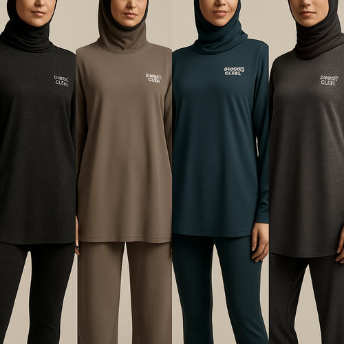 Create a revolutionary women’s modest loose gym wear brand called “Modest Fleur”. Display the brand name on the  in a unique design on the upper right side, in small thick writing that exudes a classy and sophisticated vibe. I’d like four designs, each showcasing different styles and fabrics, with high-end, chic designs to make them truly special.