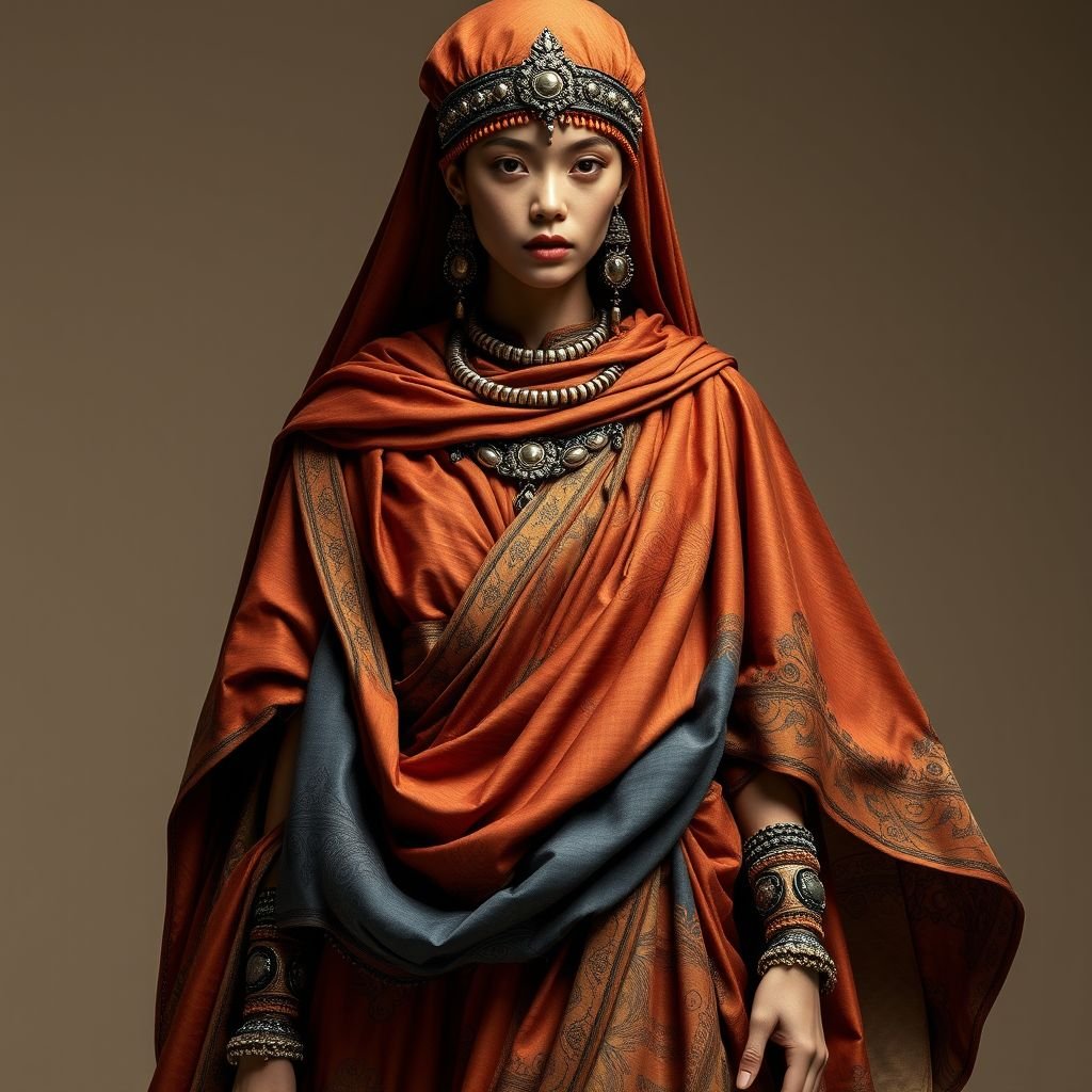 زي سومري تقليدي فخم
Develop a luxurious modern interpretation of traditional Sumerian clothing, featuring flowing silks and rich brocades in earthy tones of burnt sienna and indigo. Incorporate intricate beadwork and metal embellishments for texture, emphasizing draped silhouettes with wide sleeves and a statement headpiece. Fusion of ancient elegance and contemporary style creates a regal look.