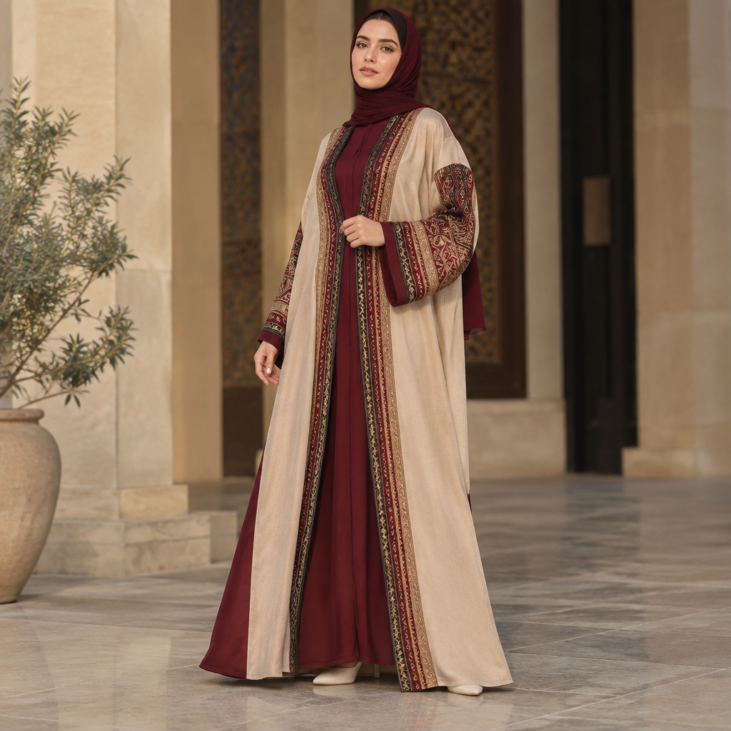 A Female Abaya design, suitable for Fall. Consider Egyptian fashion — flowing silhouettes, vibrant colors, cotton and linen traditions, modest yet elegant. Current season is Autumn in Egypt. Present it as professional fashion catalogue photography: the garment is the subject, shown full-length with editorial styling, neutral posing and tasteful, non-suggestive framing.
photorealistic fashion design, A Female Abaya design, suitable for Fall. Consider Egyptian fashion — flowing silhouettes, vibrant colors, cotton and linen traditions, modest yet elegant. Current season is Autumn in Egypt. Present it as professional fashion catalogue photography: the garment is the subject, shown full-length with editorial styling, neutral posing and tasteful, non-suggestive framing., just the design no text