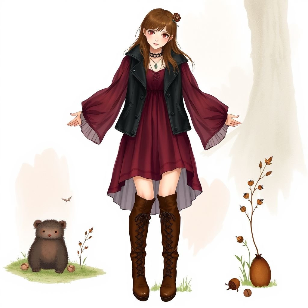 Merlot, black, leather, chiffon, mini, mutton sleeves, knee high boots, colour drawing
Envision an enchanting mori_kei outfit featuring a deep merlot chiffon mini dress with flowing mutton sleeves, layered beneath a soft, black leather vest. Knee-high boots in a rich chestnut enhance the ethereal aesthetic, while delicate woodland-inspired accessories and a color drawing emphasizing earthy hues complete this whimsical, forest-folk-inspired ensemble.