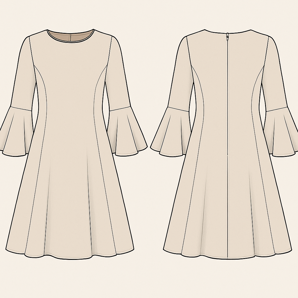 A line dress with bell sleeve
A line dress with bell sleeve
, classic style, show front and back