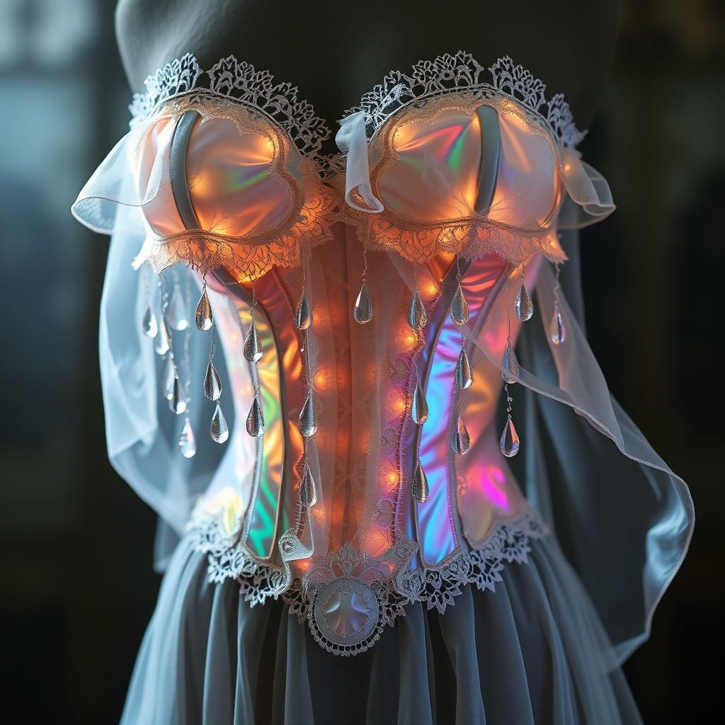Corset made out of tears with a little shining light
Create an ethereal corset crafted from iridescent fabric that resembles cascading tears. Each droplet sparkles as it catches the light, creating a shimmering effect. The design features delicate lace trim and flowing, translucent layers that enhance the softness of the silhouette. This hauntingly beautiful piece embodies both vulnerability and elegance.