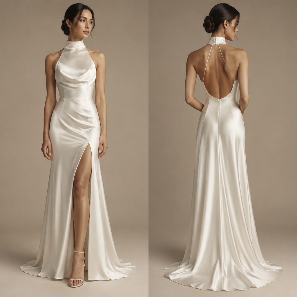 photorealistic fashion design, A Female Dress design, suitable for Spring, in Minimalist style. robe de mariage près du corps, col montante , buste tombé, dos nu détaillé. tissus satiné ou en soie raffinée. avec une ffenre qui commence au milieu de la cuisse. longueur jusqu'au sol. MG fashion aesthetics. Present it as professional fashion catalogue photography: the garment is the subject, shown full-length with editorial styling, neutral posing and tasteful, non-suggestive framing., minimalist style, just the design no text. Refinement: dos de la robe plus en haut , milieu du dos
photorealistic fashion design, photorealistic fashion design, A Female Dress design, suitable for Spring, in Minimalist style. robe de mariage près du corps, col montante , buste tombé, dos nu détaillé. tissus satiné ou en soie raffinée. avec une ffenre qui commence au milieu de la cuisse. longueur jusqu'au sol. MG fashion aesthetics. Present it as professional fashion catalogue photography: the garment is the subject, shown full-length with editorial styling, neutral posing and tasteful, non-suggestive framing., minimalist style, just the design no text. Refinement: dos de la robe plus en haut , milieu du dos , just the design no text