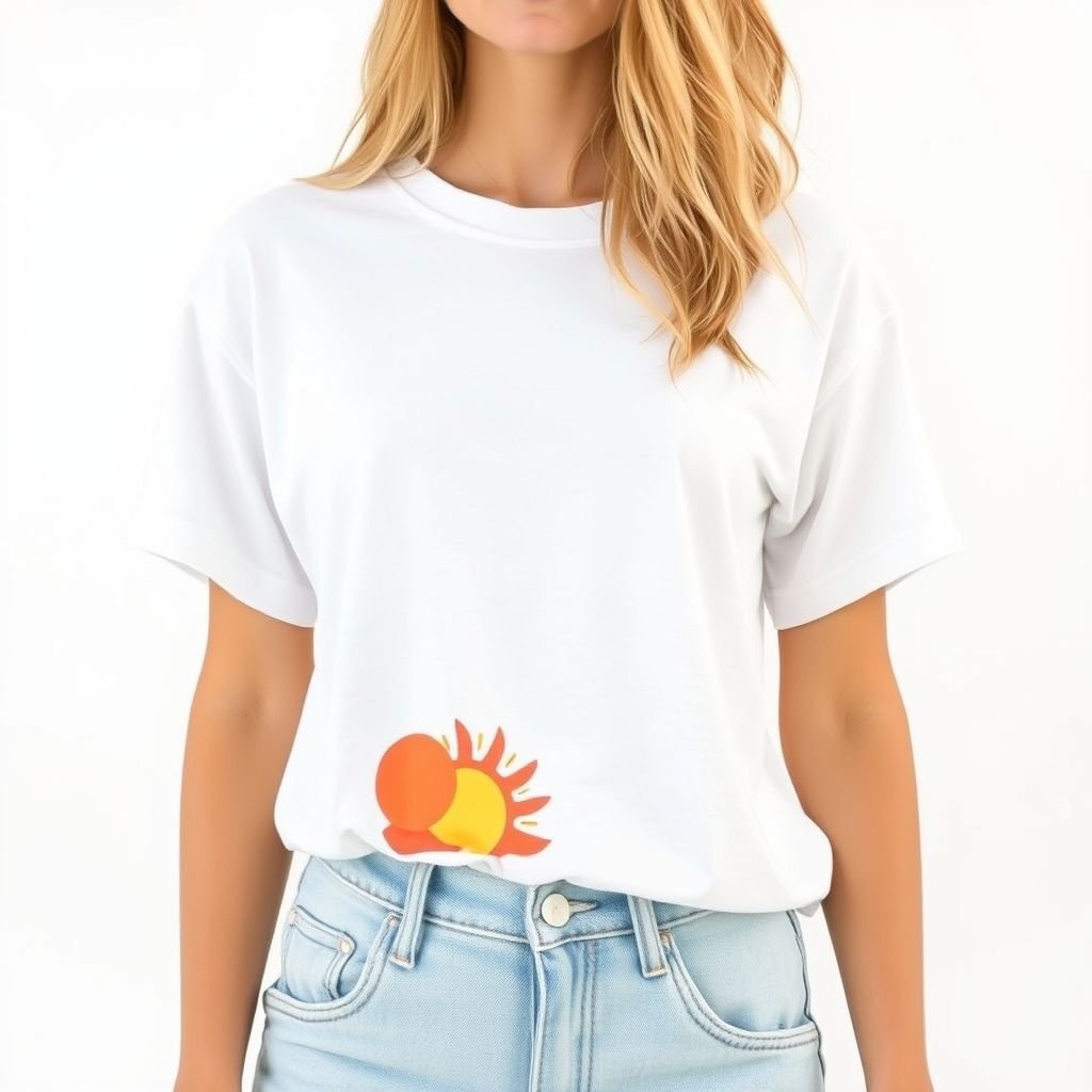 White color tshirt with new year sun at the left corner bottom
Design a minimalist white t-shirt featuring a vibrant, golden sun motif rising at the bottom left corner, symbolizing new beginnings. The sun radiates with colorful rays, blending shades of coral and aqua. The fabric has a soft, relaxed fit, perfect for casual outings. Pair it with high-waisted denim shorts for a fresh look.