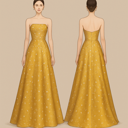 Long strapless golden dress studded with diamonds