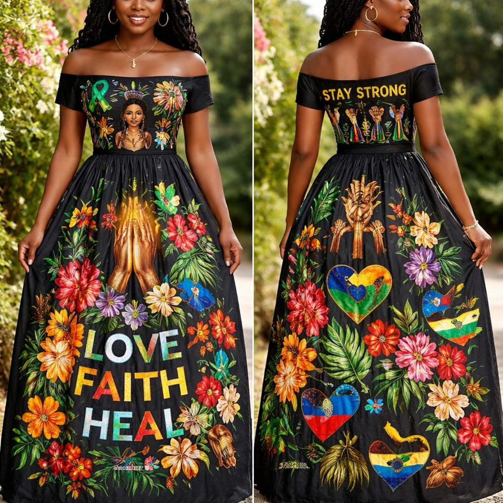 Mental health awareness, black pride, indigenous pride, West Indian pride, faith in God, not too revealing
Mental health awareness, black pride, indigenous pride, West Indian pride, faith in God, not too revealing , floral style, show front and back