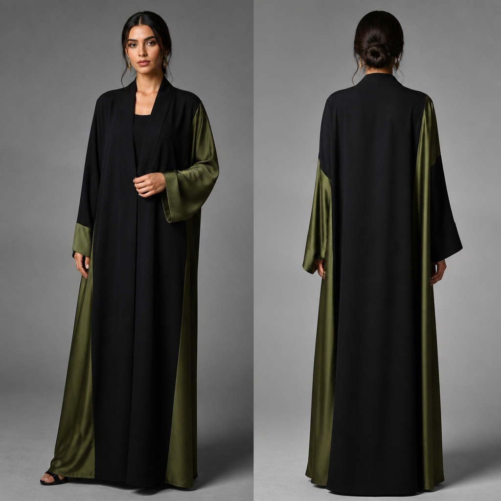 3. Luxury black abaya with deep olive-green satin details on the sleeves and side seams, asymmetric sleeve design, straight flowing silhouette, sophisticated and modern, perfect for evening outings, not a dress, front and back view.
photorealistic fashion design, 3. Luxury black abaya with deep olive-green satin details on the sleeves and side seams, asymmetric sleeve design, straight flowing silhouette, sophisticated and modern, perfect for evening outings, not a dress, front and back view., just the design no text, show front and back