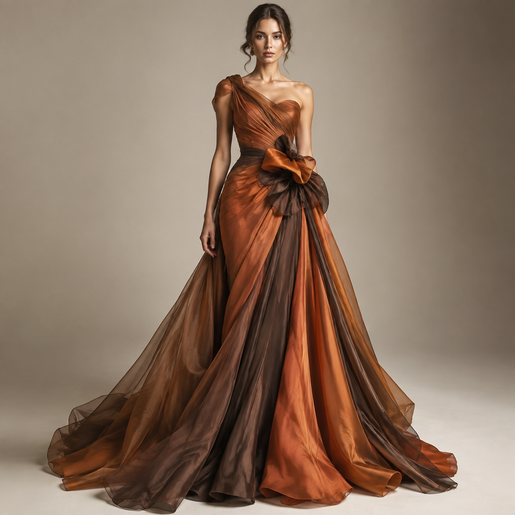 A Female Dress design, suitable for Fall. A unique high-fashion women's autumn evening gown, floor-length and elegant, completely original couture design. Warm autumn palette: deep burnt orange, dark caramel, warm chocolate brown and subtle copper accents. Sculpted fitted bodice with an unusual asymmetrical neckline, elegant architectural draping across one shoulder, a defined waist, and a dramatic flowing floor-length skirt made of luxurious satin and soft sheer layers. Add an unexpected sculptural fabric detail around the waist and hip, sophisticated but feminine, no excessive decorations, refined luxury boutique aesthetic, artistic and memorable silhouette, realistic premium fabric texture, full-body female fashion model, front view, professional fashion editorial photography, neutral elegant studio background, highly detailed.. AZ fashion aesthetics. Present it as professional fashion catalogue photography: the garment is the subject, shown full-length with editorial styling, neutral posing and tasteful, non-suggestive framing.
photorealistic fashion design, A Female Dress design, suitable for Fall. A unique high-fashion women's autumn evening gown, floor-length and elegant, completely original couture design. Warm autumn palette: deep burnt orange, dark caramel, warm chocolate brown and subtle copper accents. Sculpted fitted bodice with an unusual asymmetrical neckline, elegant architectural draping across one shoulder, a defined waist, and a dramatic flowing floor-length skirt made of luxurious satin and soft sheer layers. Add an unexpected sculptural fabric detail around the waist and hip, sophisticated but feminine, no excessive decorations, refined luxury boutique aesthetic, artistic and memorable silhouette, realistic premium fabric texture, full-body female fashion model, front view, professional fashion editorial photography, neutral elegant studio background, highly detailed.. AZ fashion aesthetics. Present it as professional fashion catalogue photography: the garment is the subject, shown full-length with editorial styling, neutral posing and tasteful, non-suggestive framing., just the design no text