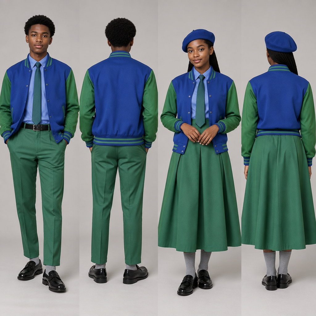 photorealistic fashion design, photorealistic fashion design, A Male Top design, with modest, full coverage: longer hemlines, higher necklines and covered shoulders, suitable for Spring. Design a green baseball jacket with blue accents. Green arms. For male and female. Use black teenagers as models
A fit flare dress top half blue and bottom half green, covering chest area completely, almost reaching ankles. Blue barrett, green tie and grey socks for the female.
A green relaxed trouser, reaching ankles. A blue shirt, green tie and grey socks for the male.
Nice black school shoes for both. Both must be wearing baseball jacket. Use shamrock green. Use cobalt blue Present it as professional fashion catalogue photography: the garment is the subject, shown full-length with editorial styling, neutral posing and tasteful, non-suggestive framing., just the design no text, show front and back. Refinement: Use normal green , just the design no text. Refinement: normal blue and green
photorealistic fashion design, photorealistic fashion design, photorealistic fashion design, A Male Top design, with modest, full coverage: longer hemlines, higher necklines and covered shoulders, suitable for Spring. Design a green baseball jacket with blue accents. Green arms. For male and female. Use black teenagers as models
A fit flare dress top half blue and bottom half green, covering chest area completely, almost reaching ankles. Blue barrett, green tie and grey socks for the female.
A green relaxed trouser, reaching ankles. A blue shirt, green tie and grey socks for the male.
Nice black school shoes for both. Both must be wearing baseball jacket. Use shamrock green. Use cobalt blue Present it as professional fashion catalogue photography: the garment is the subject, shown full-length with editorial styling, neutral posing and tasteful, non-suggestive framing., just the design no text, show front and back. Refinement: Use normal green , just the design no text. Refinement: normal blue and green , just the design no text