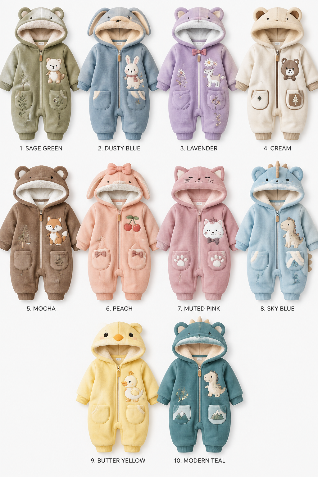 Create 10 new and highly modern winter baby romper designs inspired by the uploaded reference image.
Keep the same basic product concept: warm hooded one-piece baby romper, full front zipper, long sleeves, ribbed cuffs and ankles, soft plush/winter fabric, practical wholesale-friendly construction, and the same overall proportions.
However, make all 10 designs clearly different and more premium than the reference. Use modern 2026/2027 children's fashion trends, refined embroidery and appliqué details, cute original animal characters, elegant geometric patterns, subtle decorative piping, modern pocket details, and stylish hood designs.
Create 10 completely different color combinations, including soft sage green, dusty blue, lavender, cream, mocha, peach, muted pink, sky blue, butter yellow, and modern teal. Avoid repeating the same color combination.
Each design should look realistic, manufacturable, comfortable, attractive for wholesale children's clothing, and suitable for babies and toddlers ages 1–3.
Focus on the CLOTHING DESIGN itself, not the background. Show the full garment clearly from the front, with accurate seams, zipper, hood, cuffs, fabric texture, embroidery/appliqué placement, and professional fashion-product presentation.
Do not copy the exact graphics, character, colors, or decorative details from the reference. Create fresh original designs while maintaining the same type of winter baby romper.
Create 10 new and highly modern winter baby romper designs inspired by the uploaded reference image.
Keep the same basic product concept: warm hooded one-piece baby romper, full front zipper, long sleeves, ribbed cuffs and ankles, soft plush/winter fabric, practical wholesale-friendly construction, and the same overall proportions.
However, make all 10 designs clearly different and more premium than the reference. Use modern 2026/2027 children's fashion trends, refined embroidery and appliqué details, cute original animal characters, elegant geometric patterns, subtle decorative piping, modern pocket details, and stylish hood designs.
Create 10 completely different color combinations, including soft sage green, dusty blue, lavender, cream, mocha, peach, muted pink, sky blue, butter yellow, and modern teal. Avoid repeating the same color combination.
Each design should look realistic, manufacturable, comfortable, attractive for wholesale children's clothing, and suitable for babies and toddlers ages 1–3.
Focus on the CLOTHING DESIGN itself, not the background. Show the full garment clearly from the front, with accurate seams, zipper, hood, cuffs, fabric texture, embroidery/appliqué placement, and professional fashion-product presentation.
Do not copy the exact graphics, character, colors, or decorative details from the reference. Create fresh original designs while maintaining the same type of winter baby romper.