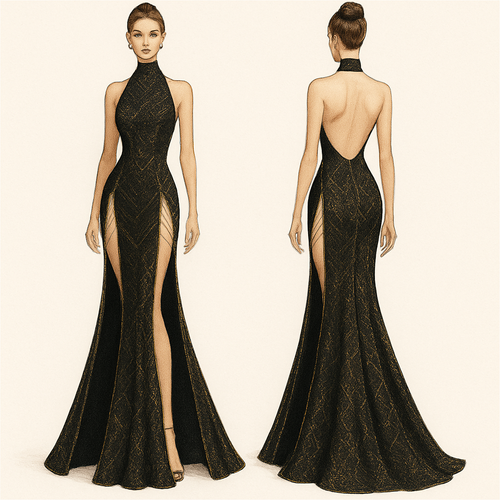 the dress is going to be black with gold thread. A backless and strapless and sleeveless turtleneck, it’s fitted and at the hips there’s two long open pieces which show off a hip window with gold chains that show from both front and back, it also has a mermaid skirt at the bottom.